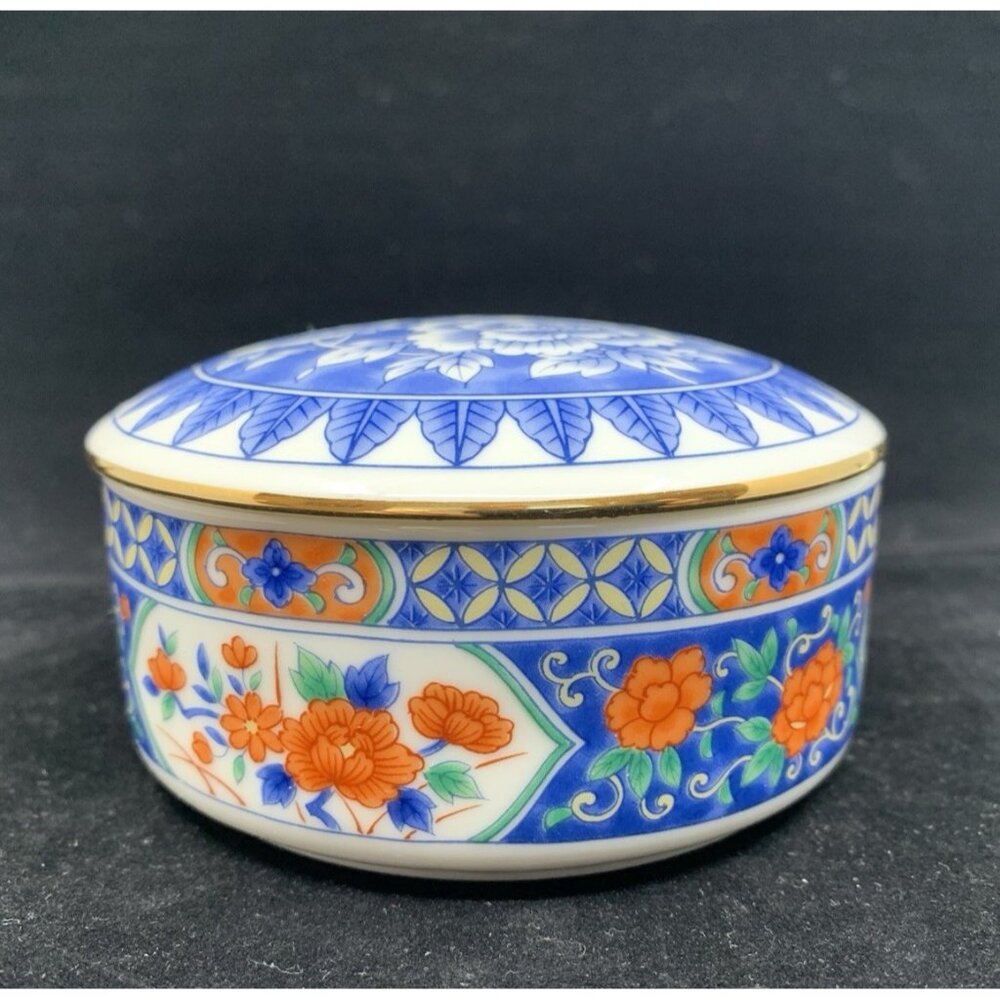 Tiffany & Co Porcelain Trinket Box Imari Style Blue Floral Lid 3.75" Round - Picture 4 of 7